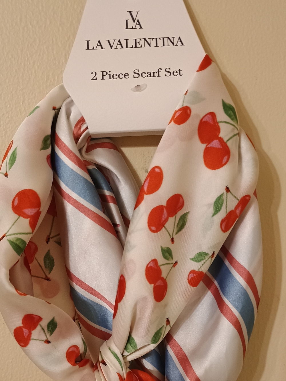 La Valentina 2 Piece Scarf Set Satin Silk Feel Cherry Print Striped NWT